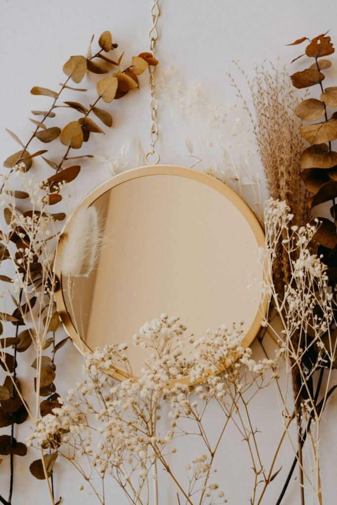 Round wall mirror with wood frame
